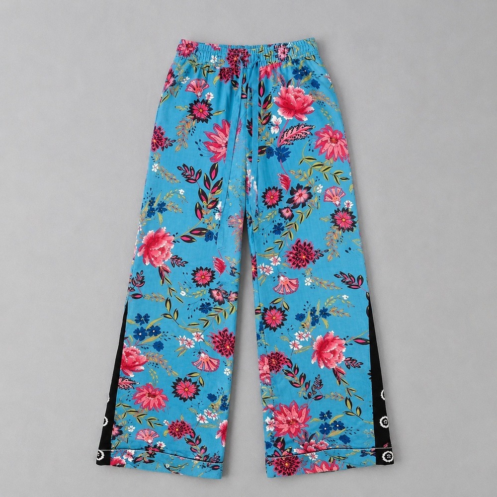 LOFT Teal Blue Floral Wide Leg Pajama Pants S Drawstring‎ Elastic Waist Trousers